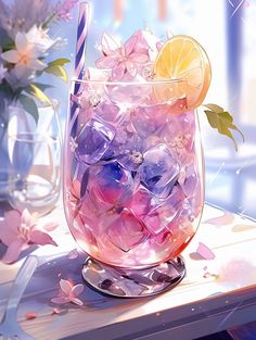 a glass filled with lots of ice next to a vase full of flowers and an orange slice