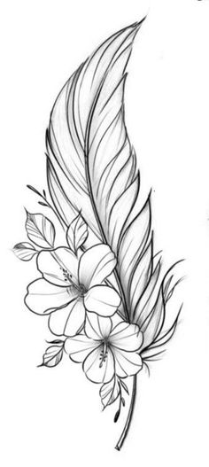 a drawing of a feather with flowers on it