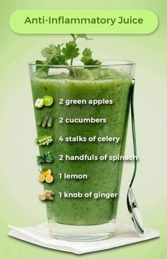 a green smoothie in a tall glass with ingredients labeled