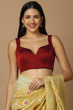 Shop Red Brocade Elbow Length Padded Blouse at best offer at our Blouse Store - Karmaplace Blouse Designs, Sleeveless Blouse Designs, Blouse Fabric, Fancy Blouse Designs, Saree, Silk, Sleeveless Blouse, Fancy Blouses, Red Silk