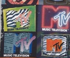 an advertisement for the tv series music television with various logos and colors on it's side
