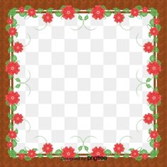 a square frame with red flowers and green leaves in the center, on a brown background