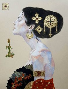 a painting of a woman with an elaborate head piece and jewelry on her neck, holding a flower