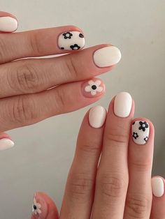 short white nails with black flowers Design