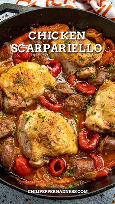 Chicken Scarpariello in a skillet. Slow Cooker, Chicken Recipes, Chicken, Pasta, Chicken Scarpariello, Chicken Dishes, Chicken Dinner, Chicken Dishes Recipes, Poultry Recipes