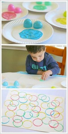 a collage of photos showing the process of making paper plates with colored circles on them