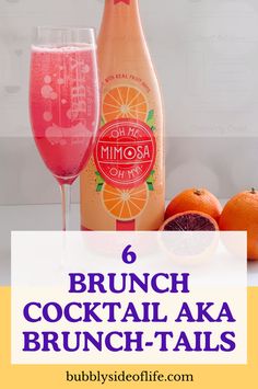 a bottle of mimosa cocktail next to two glasses with oranges and grapefruit