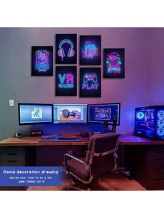 there are four computer screens on the desk with headphones and neon signs above them