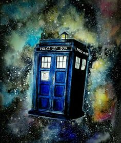 a painting of a tardish in space with the word police box written on it