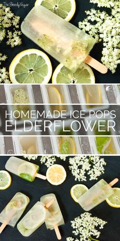 homemade ice pops with lemons and elderflower on the top, surrounded by flowers