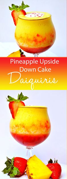 pineapple upside down cake daiquiris with strawberries in the bowl and on top