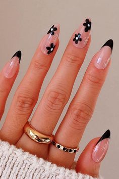 Black French Tip Press on Nails with Black Flowers Prom Nails