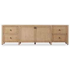 the sideboard is made out of wood and has three drawers, one with two open doors
