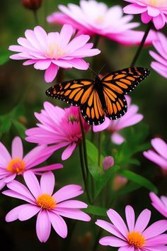a butterfly sitting on top of pink flowers