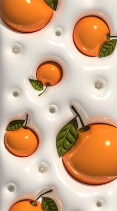an image of oranges with leaves and bubbles on them in the water, as seen from above