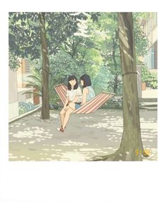 two people sitting in a hammock near trees
