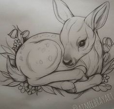 a drawing of a baby deer laying on its mother's stomach with flowers around it