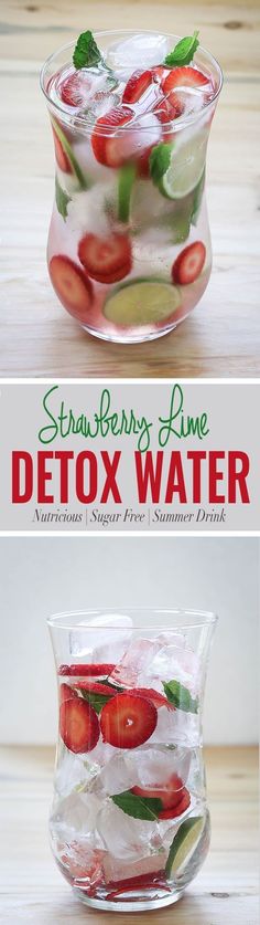 Hydrate yourself with strawberry detox water. Use fresh strawberries, lime and mint to prepare this fruit infused water. via Watch What U Eat #DetoxDrinksMint