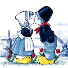 two cartoon characters kissing each other with windmills in the background