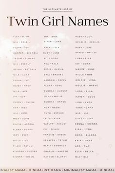 the ultimate list of twin girl names on a pink background with clouds in the sky