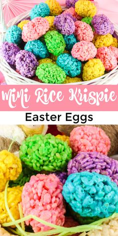 colorful rice krispy treats in a basket with text overlay that reads, myri rice krispie easter eggs