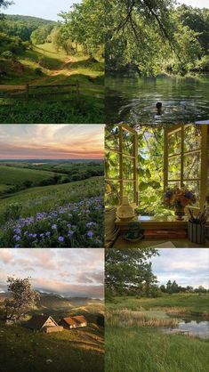 four different views of the countryside with trees and flowers
