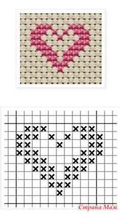 two cross stitch patterns, one with a heart and the other with an x on it