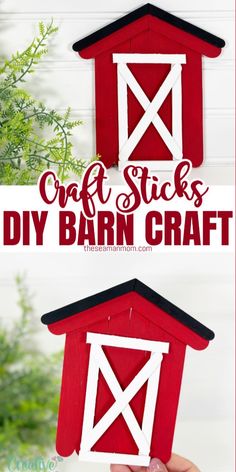 a red and white barn with the words craft sticks diy barn craft on it