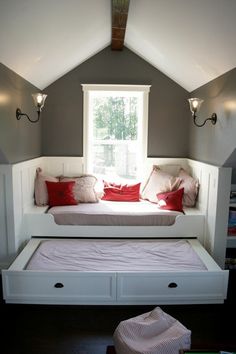 What a great way to make use of a window #Bed Room| http://bedroom-gallery-980.blogspot.com Home Décor, Cozy Window Seat, Bed, Trundle Bed, Girls Bedroom, Attic Bedroom, Cool Bunk Beds, Attic Rooms