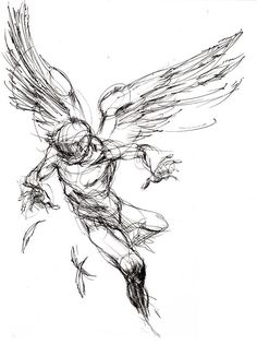a drawing of an angel flying through the air