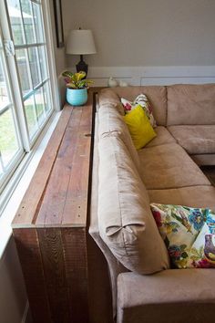 DIY console table for behind the sofa. Made of reclaimed lumber. Super simple! :perfect for your cups!! End tables never seem to work!! Living Room, Home Improvement, Ikea, Home, Furniture For Small Spaces, Small Space Diy, Small Living, Home Living Room, Family Room