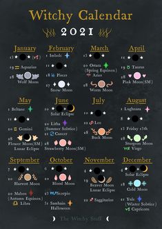 the witchy calendar is shown on a blackboard with stars and crescents around it