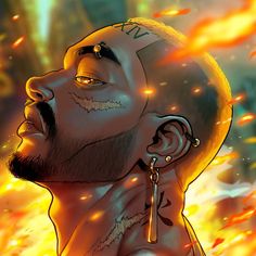 a drawing of a man with tattoos on his head and ear piercings in flames