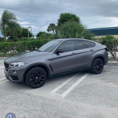 a grey bmw suv parked in a parking lot next to some bushes and palm trees