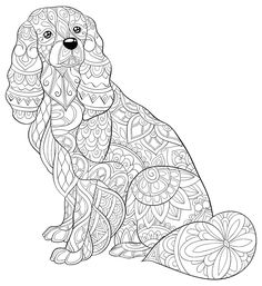 an adult coloring book page with a dog sitting on the floor and looking at something