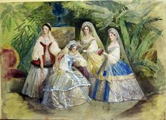 an old painting of three women in dresses