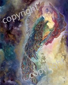 a painting of a peacock with the words copyright on it's back side and an artistic background