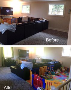 before and after photos of a child's playroom with toys in the living room