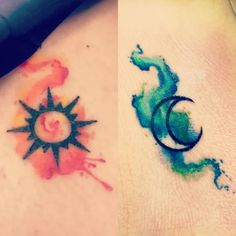 two tattoos that have different designs on their bodies and one has a lizard in the middle