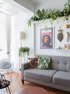 a living room filled with furniture and lots of plants on top of the wall next to a window