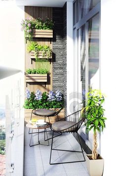 an outdoor patio with potted plants on the wall and two chairs next to it