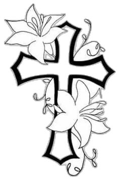 a cross with flowers on it and the word jesus written in black ink, is shown