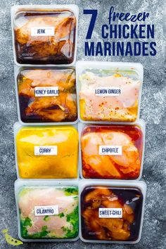 seven freezer chicken marinades in plastic containers