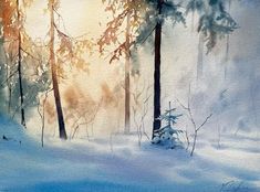 watercolor painting of trees in the snow