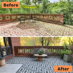 before and after photos of an outdoor patio makeover with pavers tiles, brick walls, and potted plants