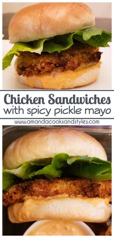 chicken sandwich with spicy pickle mayo and lettuce