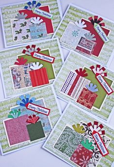 four cards with different designs on them and the words merry christmas written in small blocks