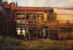 an oil painting of a factory with pipes and machinery