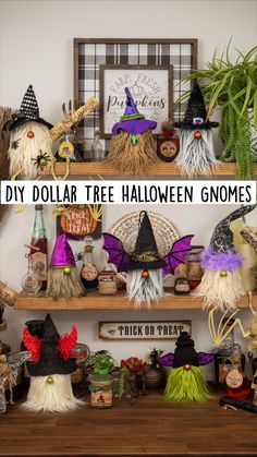 a shelf filled with lots of halloween decorations and witch hats on top of wooden shelves