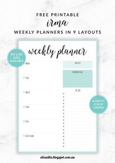 Free Printable Irma Weekly Planners by Eliza Ellis - The perfect organizing solution for mums, entrepreneurs, bloggers, etsy sellers, professionals, WAHM's, SAHM's, students and moms. Available in 6 colors and both A4 and A5 sizes. Enjoy! Planners, Organisation, Planner Organisation, Weekly Planner Free, Weekly Planner Printable, Weekly Planner, Planner Organization, Free Planner, Planner Inserts